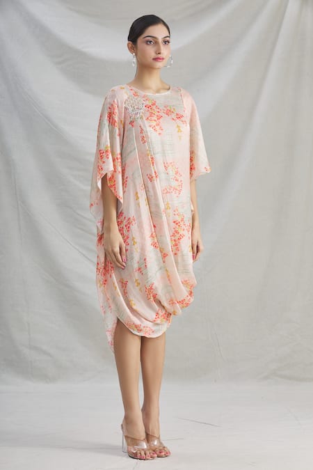 Parul | Vivek_Pink Crepe Printed Floral Round Cowl Dress  _Online_at_Aza_Fashions