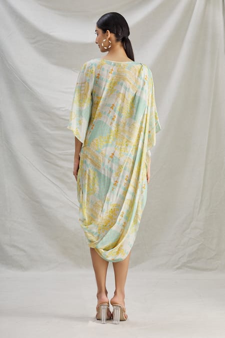 Shop_Parul | Vivek_Blue Crepe Printed Floral Round Cowl Dress  _at_Aza_Fashions