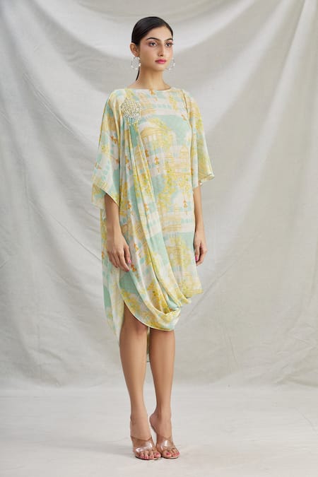 Parul | Vivek_Blue Crepe Printed Floral Round Cowl Dress  _Online_at_Aza_Fashions
