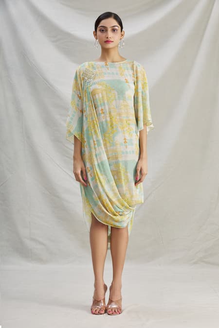 Buy_Parul | Vivek_Blue Crepe Printed Floral Round Cowl Dress  _Online_at_Aza_Fashions
