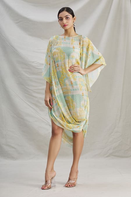 Shop_Parul | Vivek_Blue Crepe Printed Floral Round Cowl Dress  _Online_at_Aza_Fashions