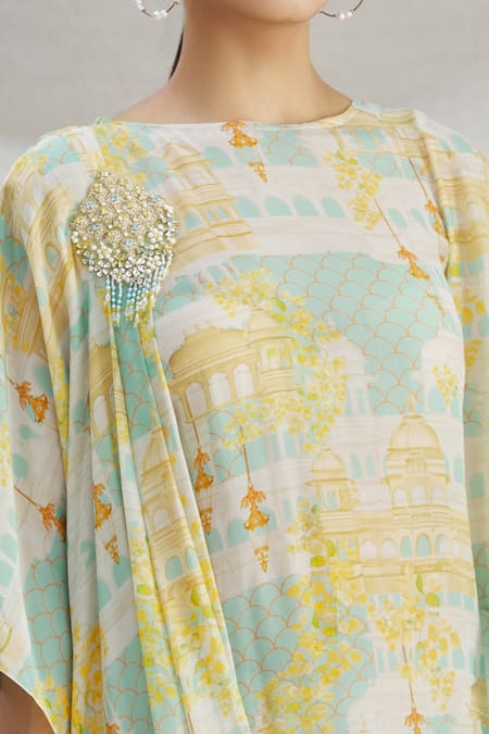 Parul | Vivek_Blue Crepe Printed Floral Round Cowl Dress  _at_Aza_Fashions