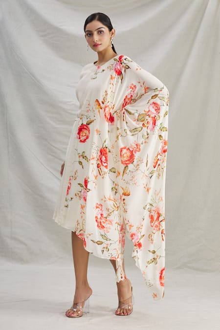 Buy_Parul | Vivek_White Crepe Printed Floral Round Asymmetric Draped Tunic  _Online_at_Aza_Fashions