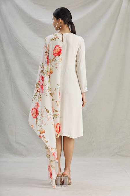 Shop_Parul | Vivek_White Crepe Printed Floral Round Asymmetric Draped Tunic  _at_Aza_Fashions