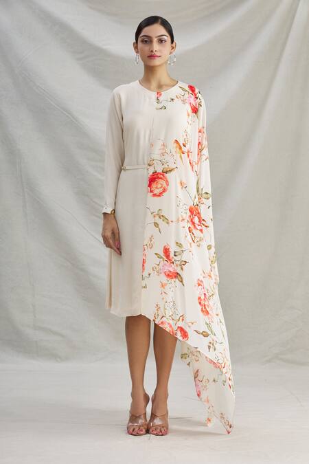 Shop_Parul | Vivek_White Crepe Printed Floral Round Asymmetric Draped Tunic  _Online_at_Aza_Fashions