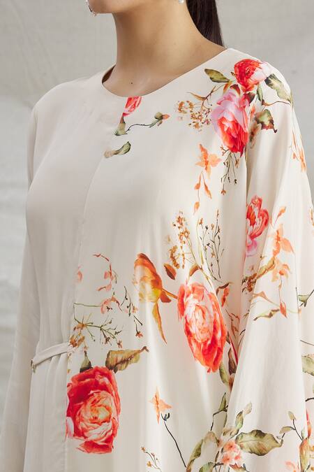 Parul | Vivek_White Crepe Printed Floral Round Asymmetric Draped Tunic  _at_Aza_Fashions