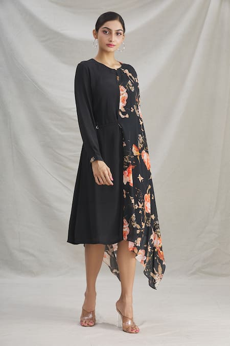 Shop_Parul | Vivek_Black Crepe Printed Floral Round Asymmetric Draped Tunic _Online_at_Aza_Fashions