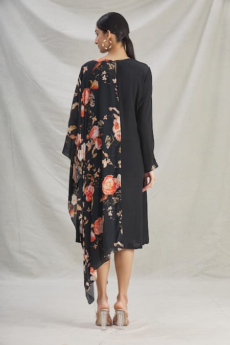Shop_Parul | Vivek_Black Crepe Printed Floral Round Asymmetric Draped Tunic _at_Aza_Fashions