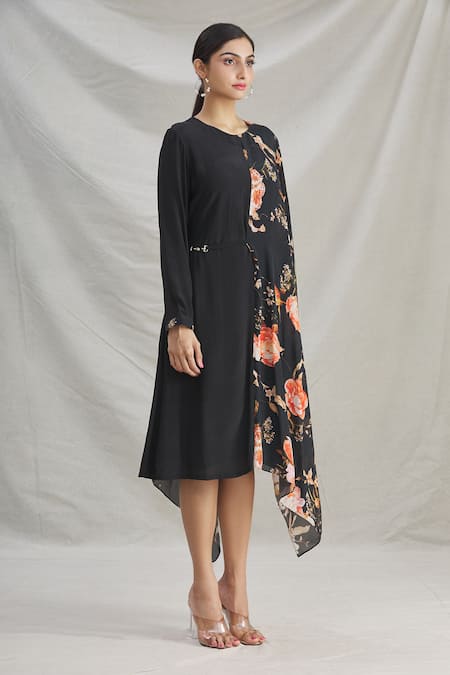 Parul | Vivek_Black Crepe Printed Floral Round Asymmetric Draped Tunic _Online_at_Aza_Fashions