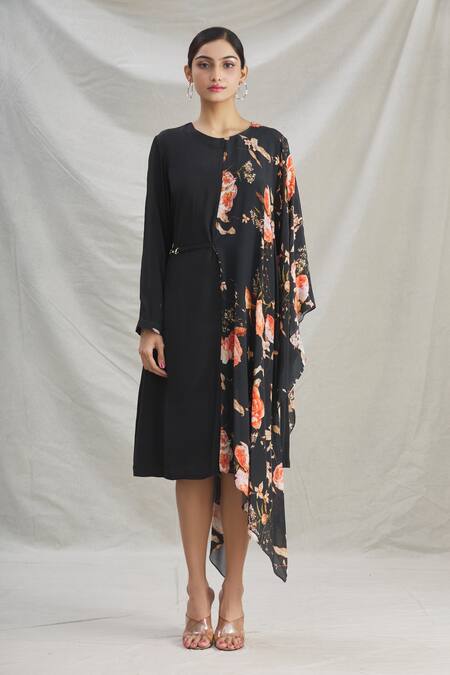 Buy_Parul | Vivek_Black Crepe Printed Floral Round Asymmetric Draped Tunic _Online_at_Aza_Fashions