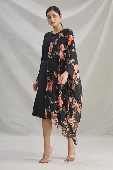 Parul | Vivek Black Crepe Printed Floral Round Asymmetric Draped Tunic  