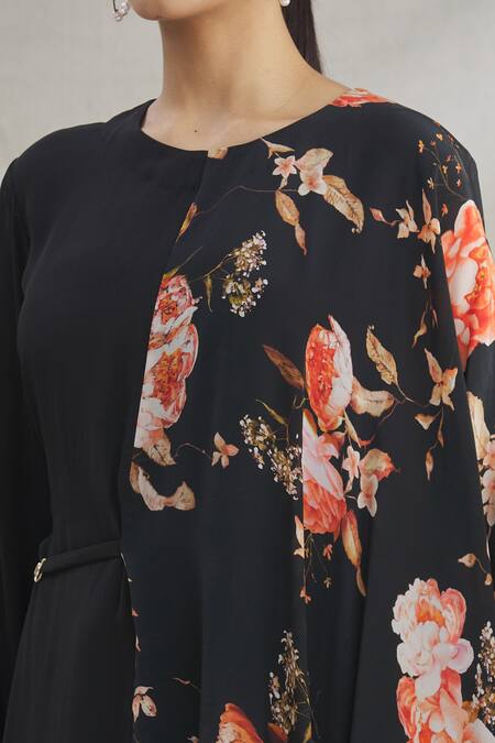 Parul | Vivek_Black Crepe Printed Floral Round Asymmetric Draped Tunic _at_Aza_Fashions