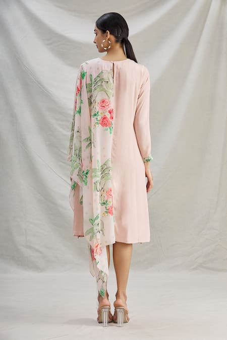 Shop_Parul | Vivek_Pink Crepe Printed Floral Round Asymmetric Draped Tunic  _at_Aza_Fashions