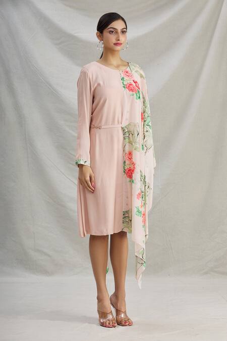 Parul | Vivek_Pink Crepe Printed Floral Round Asymmetric Draped Tunic  _Online_at_Aza_Fashions