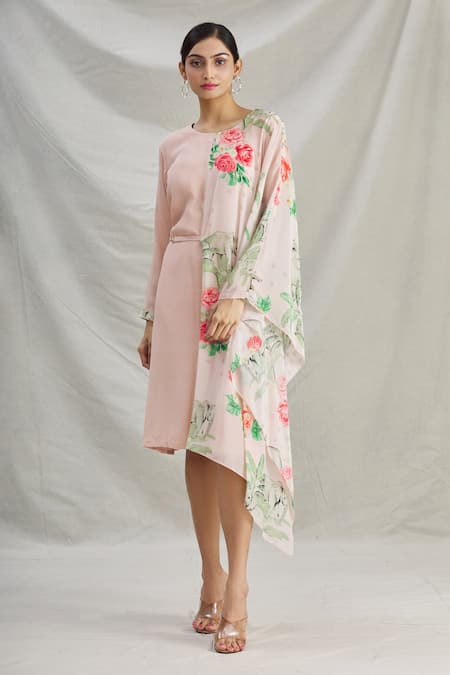 Buy_Parul | Vivek_Pink Crepe Printed Floral Round Asymmetric Draped Tunic  _Online_at_Aza_Fashions