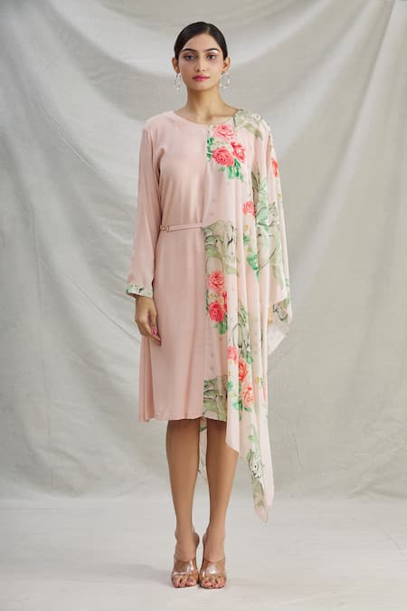 Shop_Parul | Vivek_Pink Crepe Printed Floral Round Asymmetric Draped Tunic  _Online_at_Aza_Fashions