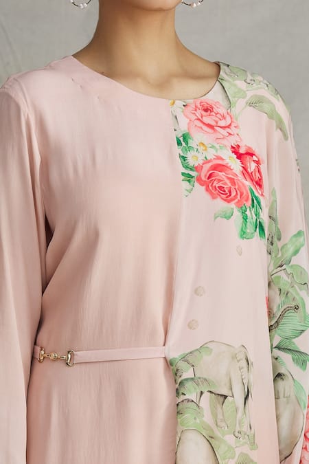 Parul | Vivek_Pink Crepe Printed Floral Round Asymmetric Draped Tunic  _at_Aza_Fashions