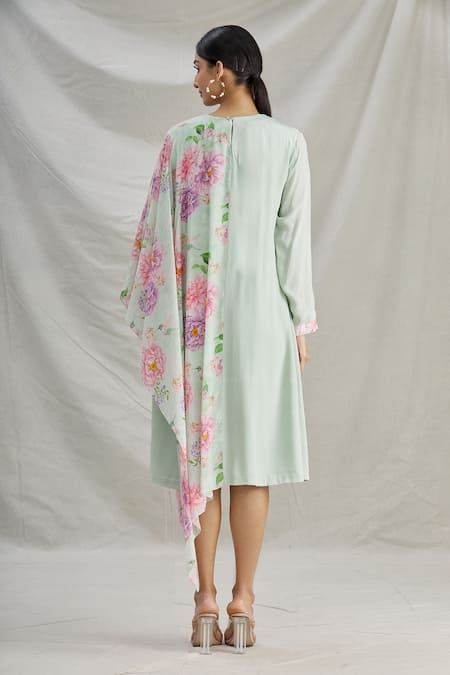 Shop_Parul | Vivek_Green Crepe Printed Floral Round Asymmetric Draped Tunic  _at_Aza_Fashions
