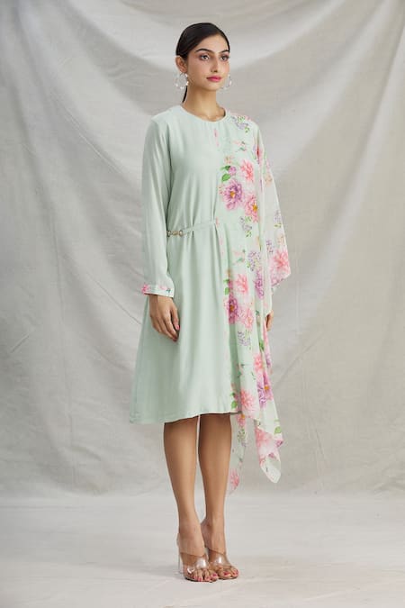 Parul | Vivek_Green Crepe Printed Floral Round Asymmetric Draped Tunic  _Online_at_Aza_Fashions