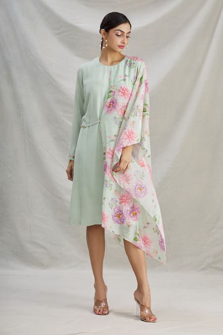 Buy_Parul | Vivek_Green Crepe Printed Floral Round Asymmetric Draped Tunic  _Online_at_Aza_Fashions