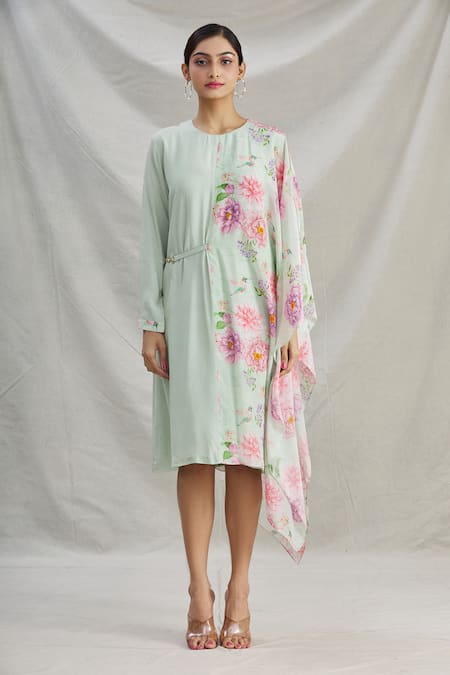 Shop_Parul | Vivek_Green Crepe Printed Floral Round Asymmetric Draped Tunic  _Online_at_Aza_Fashions