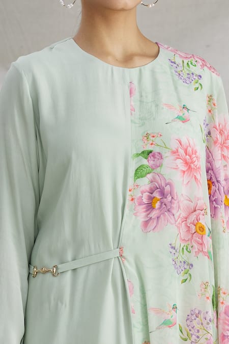 Parul | Vivek_Green Crepe Printed Floral Round Asymmetric Draped Tunic  _at_Aza_Fashions