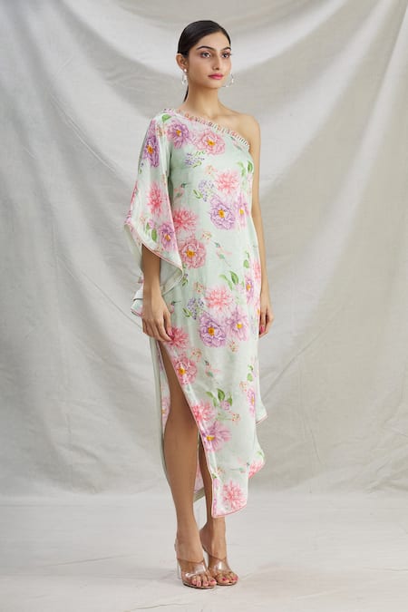 Parul | Vivek_Green Satin Floral One Shoulder Tunic _Online_at_Aza_Fashions