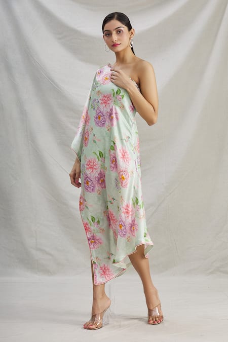 Buy_Parul | Vivek_Green Satin Floral One Shoulder Tunic _Online_at_Aza_Fashions
