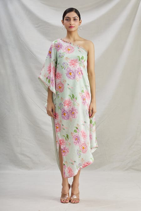 Shop_Parul | Vivek_Green Satin Floral One Shoulder Tunic _Online_at_Aza_Fashions