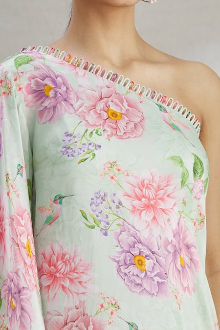 Parul | Vivek_Green Satin Floral One Shoulder Tunic _at_Aza_Fashions