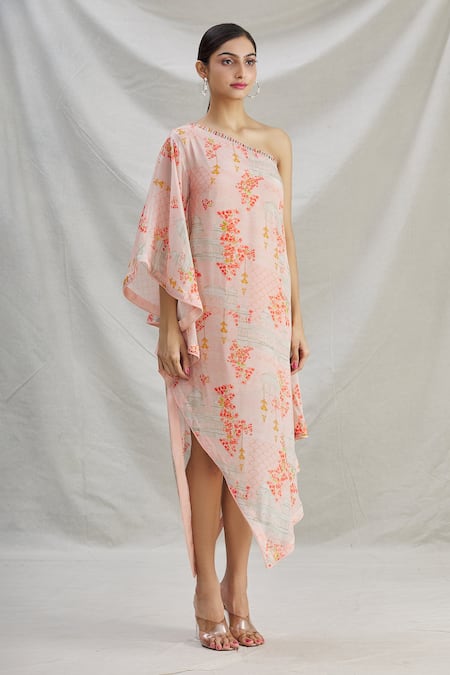 Parul | Vivek_Pink Satin Floral One Shoulder Tunic _Online_at_Aza_Fashions