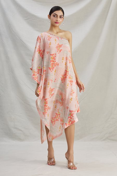 Buy_Parul | Vivek_Pink Satin Floral One Shoulder Tunic _Online_at_Aza_Fashions