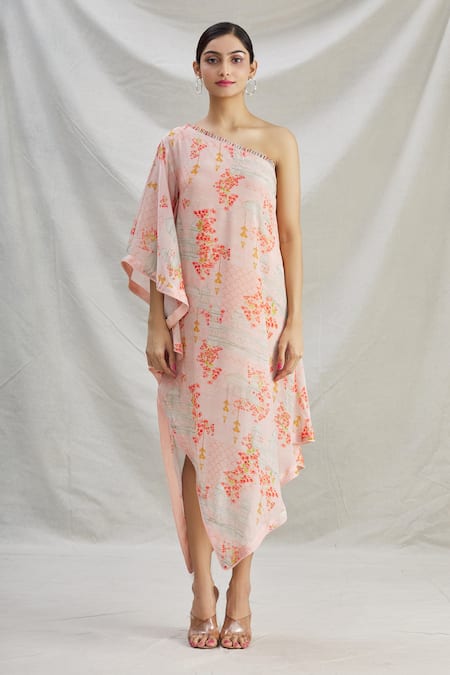 Shop_Parul | Vivek_Pink Satin Floral One Shoulder Tunic _Online_at_Aza_Fashions