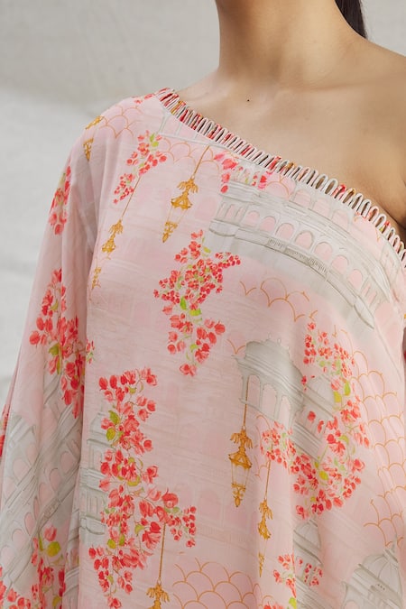 Parul | Vivek_Pink Satin Floral One Shoulder Tunic _at_Aza_Fashions