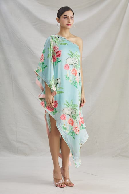 Parul | Vivek_Blue Satin Floral One Shoulder Tunic _Online_at_Aza_Fashions