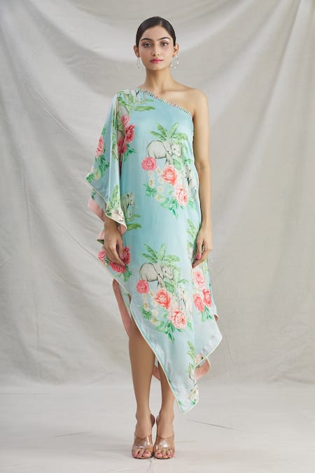 Shop_Parul | Vivek_Blue Satin Floral One Shoulder Tunic _Online_at_Aza_Fashions