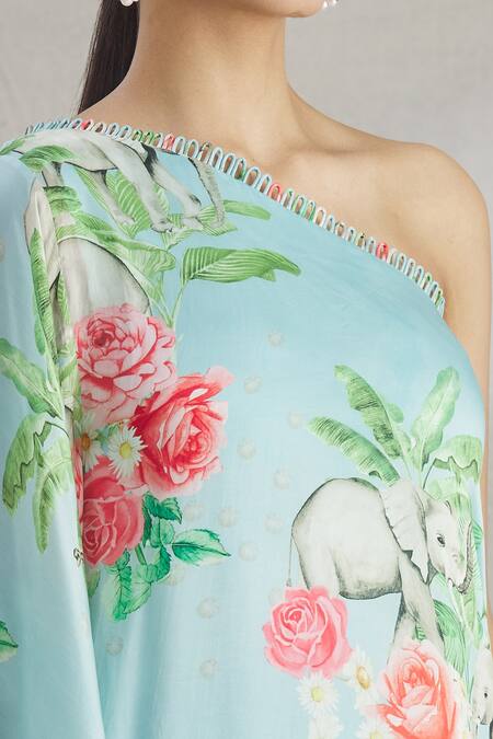 Parul | Vivek_Blue Satin Floral One Shoulder Tunic _at_Aza_Fashions