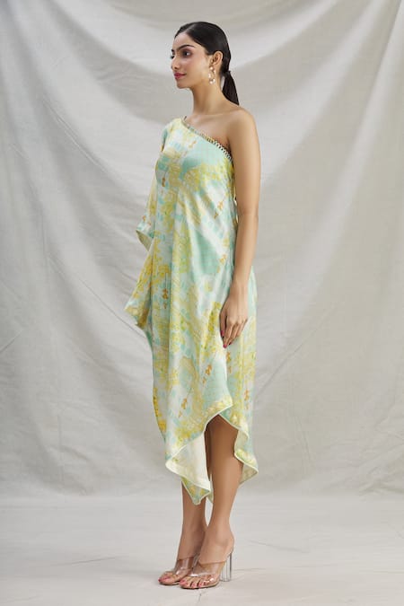 Parul | Vivek_Green Satin Floral One Shoulder Tunic _Online_at_Aza_Fashions