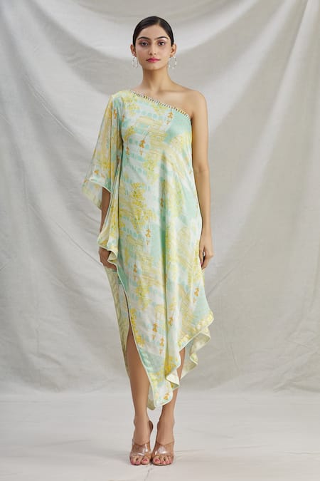 Shop_Parul | Vivek_Green Satin Floral One Shoulder Tunic _Online_at_Aza_Fashions