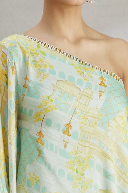 Parul | Vivek_Green Satin Floral One Shoulder Tunic _at_Aza_Fashions