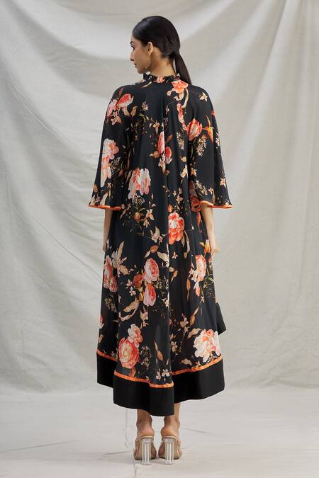 Shop_Parul | Vivek_Black Crepe Printed Floral V Neck High Low Tunic  _at_Aza_Fashions