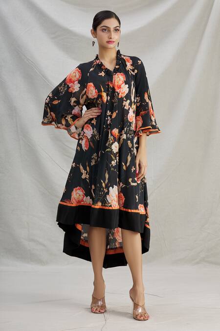 Parul | Vivek_Black Crepe Printed Floral V Neck High Low Tunic  _Online_at_Aza_Fashions
