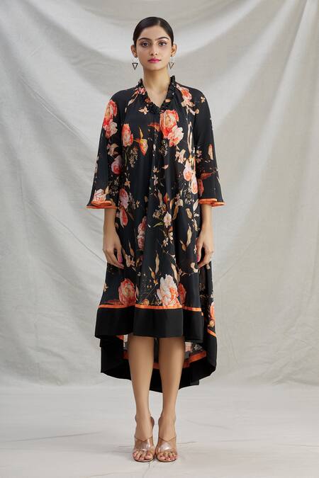 Shop_Parul | Vivek_Black Crepe Printed Floral V Neck High Low Tunic  _Online_at_Aza_Fashions