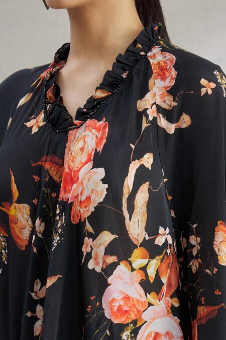 Parul | Vivek_Black Crepe Printed Floral V Neck High Low Tunic  _at_Aza_Fashions