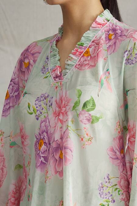 Parul | Vivek_Green Crepe Printed Floral V Neck High Low Tunic  _at_Aza_Fashions
