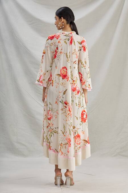 Shop_Parul | Vivek_White Crepe Printed Floral V Neck High Low Tunic  _at_Aza_Fashions