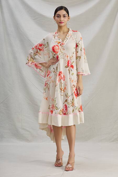 Parul | Vivek_White Crepe Printed Floral V Neck High Low Tunic  _Online_at_Aza_Fashions