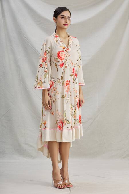 Buy_Parul | Vivek_White Crepe Printed Floral V Neck High Low Tunic  _Online_at_Aza_Fashions