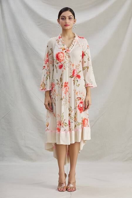 Shop_Parul | Vivek_White Crepe Printed Floral V Neck High Low Tunic  _Online_at_Aza_Fashions