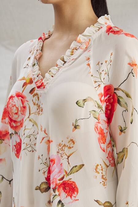 Parul | Vivek_White Crepe Printed Floral V Neck High Low Tunic  _at_Aza_Fashions